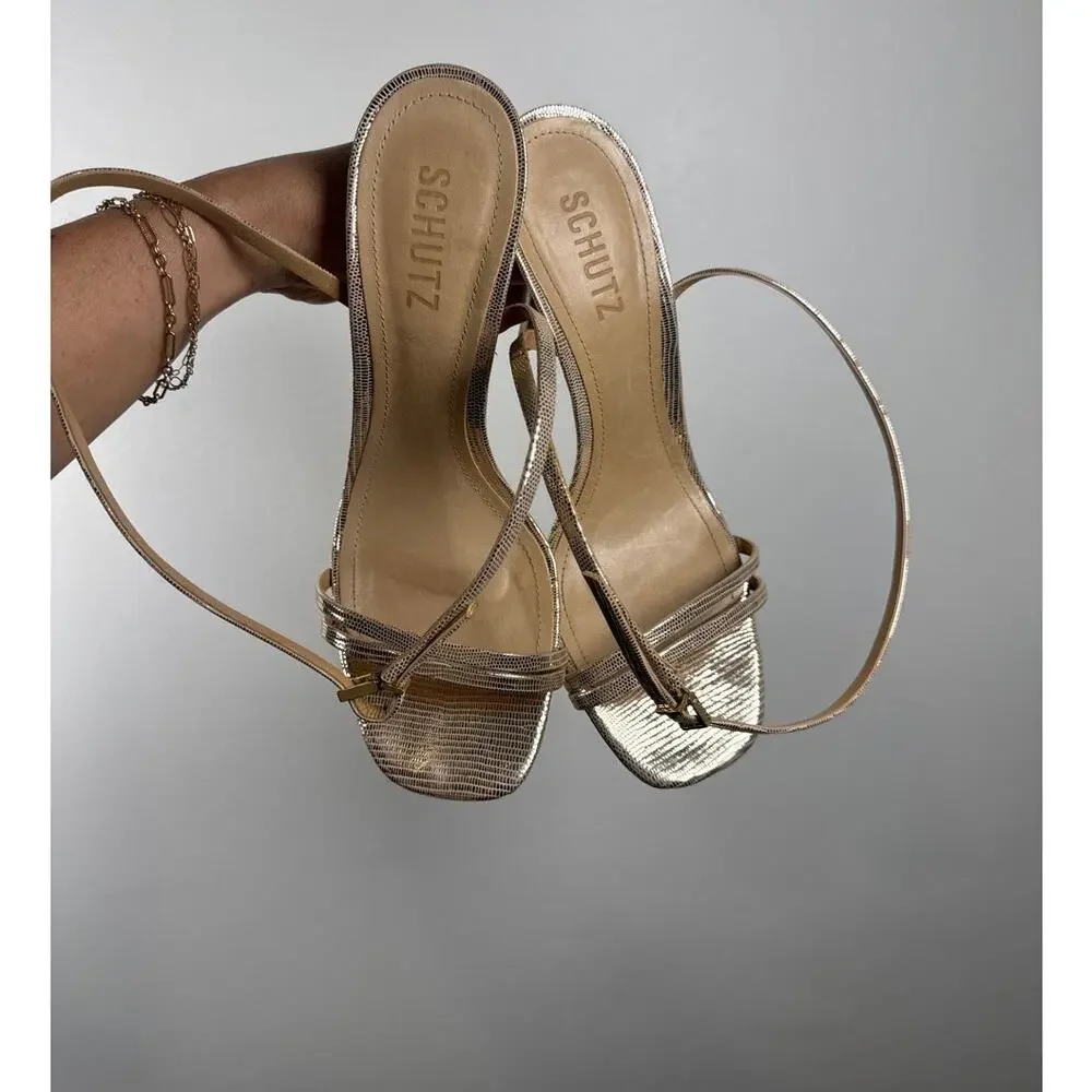 Schutz Altina Platina Metallic Gold Lizard-Embossed Strappy Heeled Sandals, 8